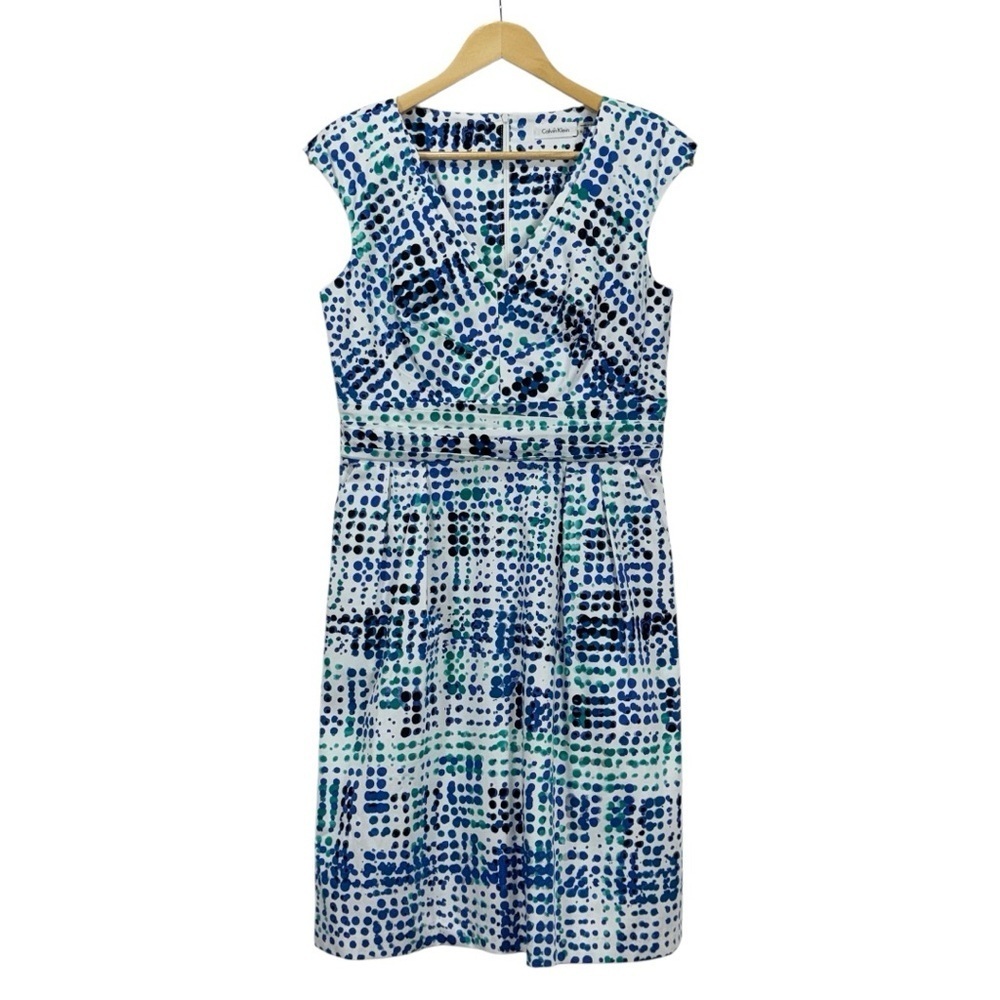 Calvin Klein Blue and Green Watercolor Abstract Midi Dress size 8 women’s